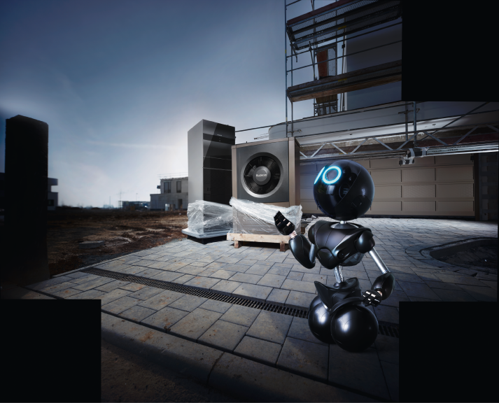 robot and heat pumps in front of construction
