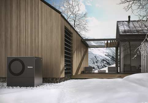 heat pump with snow and wood background
