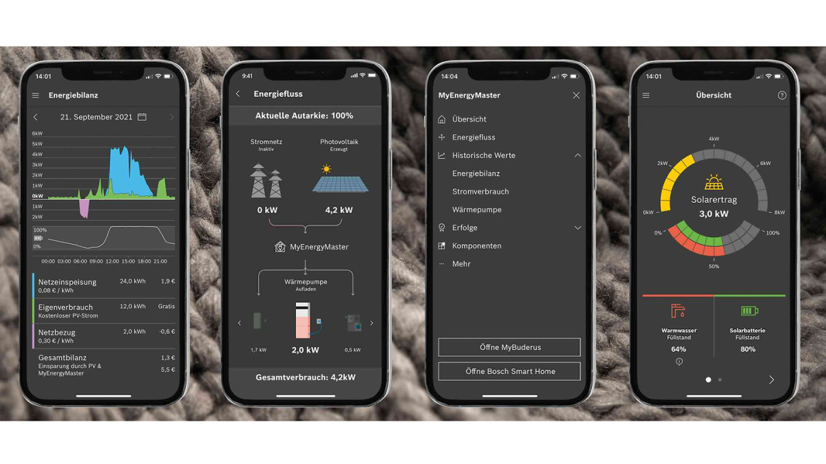 Ukážky obrazovky z aplikácie Buderus MyEnergyMaster