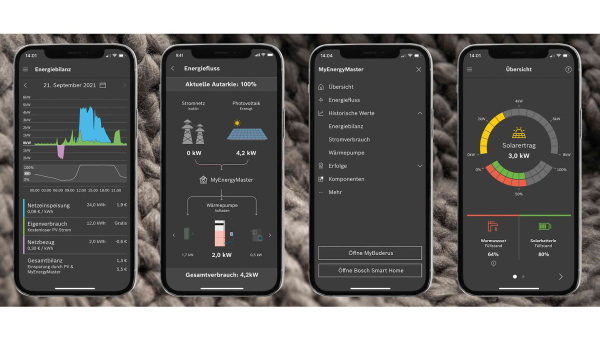 Ukážky obrazovky z aplikácie Buderus MyEnergyMaster
