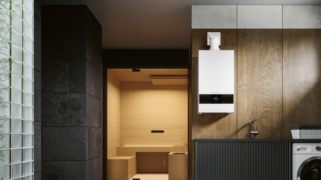 Plynový kondenzačný kotol zavesený na stene moderného domu