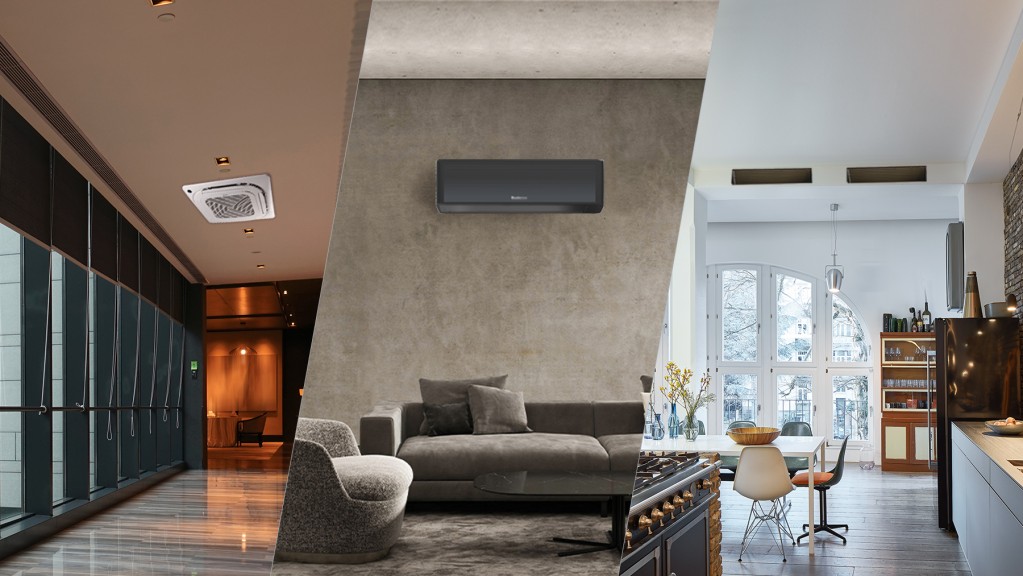 Koláž: rôzne typy vnútorných jednotiek klimatizácie Multi Split od Buderus inštalované v moderných priestoroch